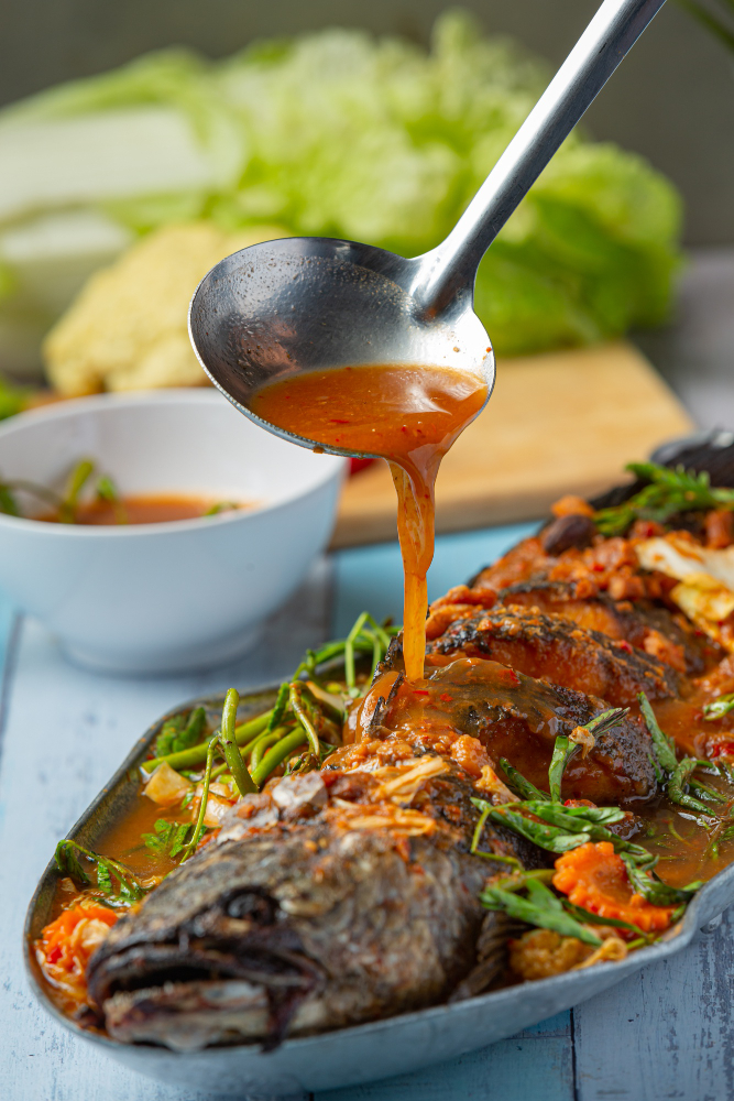 Grilled Fish Pepper Soup with Efo